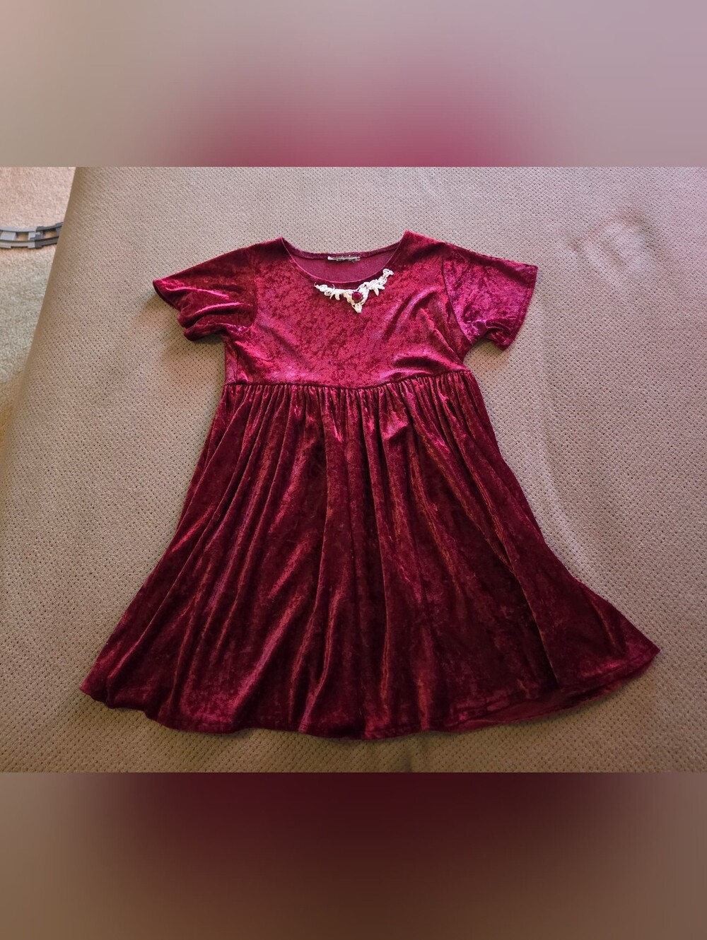 Vintage 90s Girls Maroon Crushed Velvet Babydoll Dress, Lace Faux Necklace